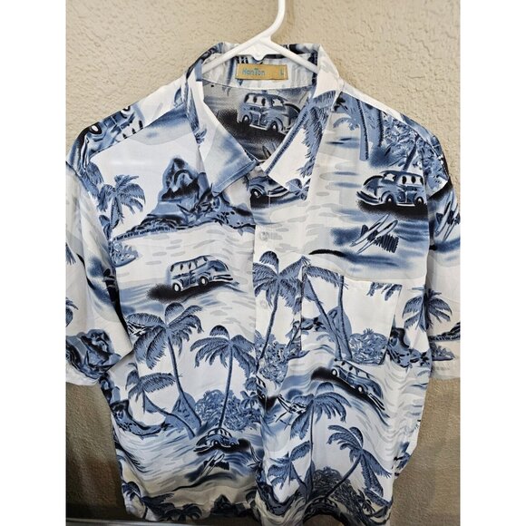 Han Ton  Blue Tropical Hawaiian Shirt Men's Large Palm Trees Cruiser Beach - Picture 1 of 6